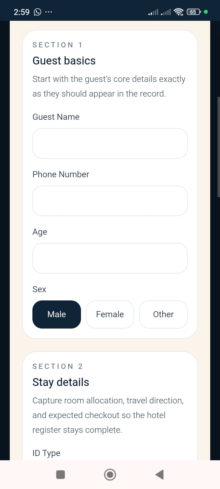 Guest check-in form on the Hotels In Alibaug app