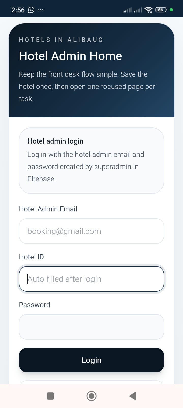 Hotel admin home screen of the Hotels In Alibaug guest check-in app