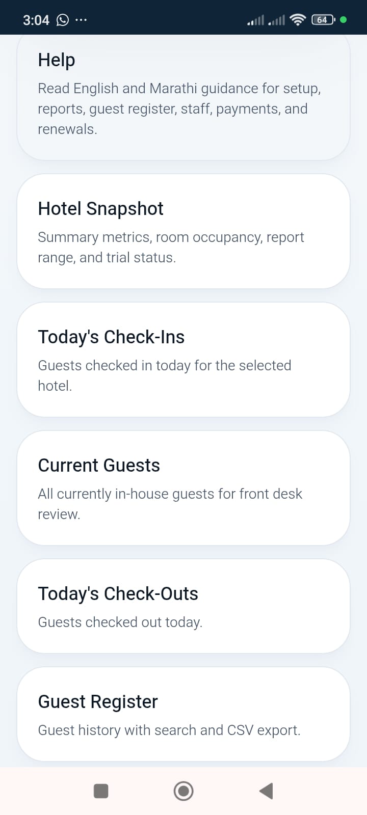 Hotel reports home screen in the Hotels In Alibaug app