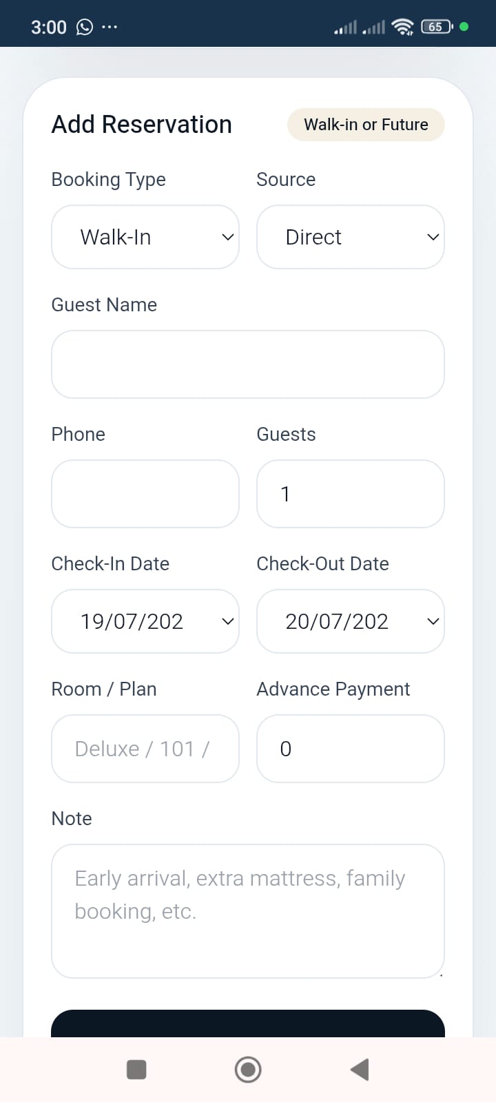 Reservation entry screen in the Hotels In Alibaug app