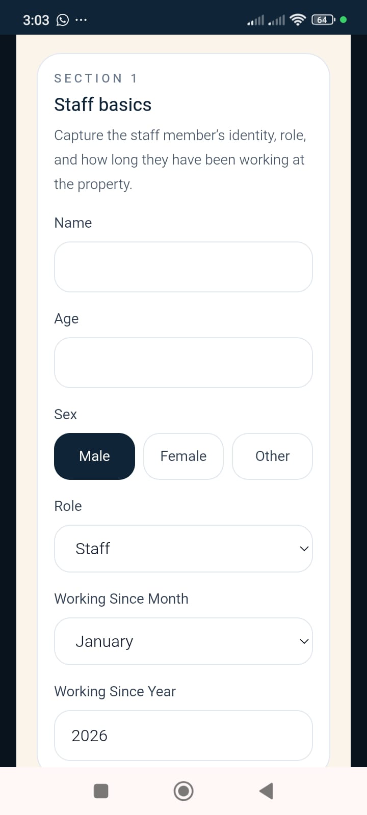 Staff entry and role screen in the Hotels In Alibaug app